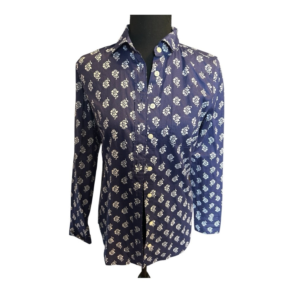 J Crew Women Navy Blue Floral Long Sleeve Button Down Shirt Size XX Small
